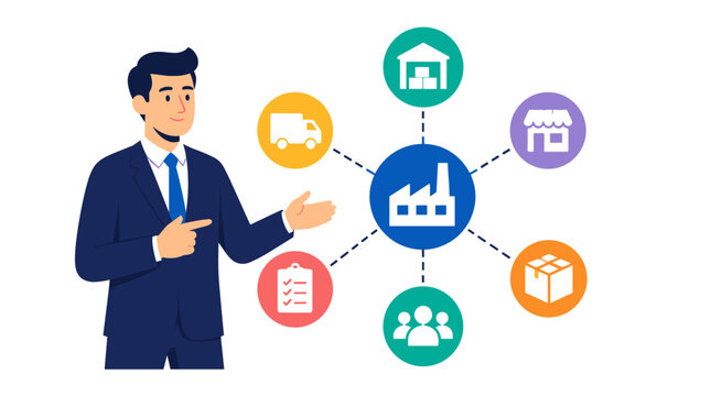 Businessman presenting a connected network diagram concept.