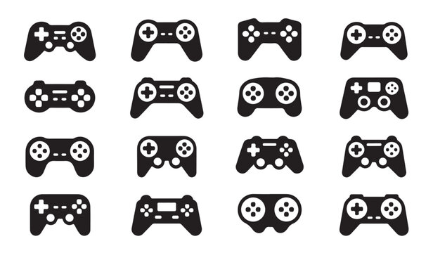 Assortment of video game controllers and joysticks in silhouette vector set.