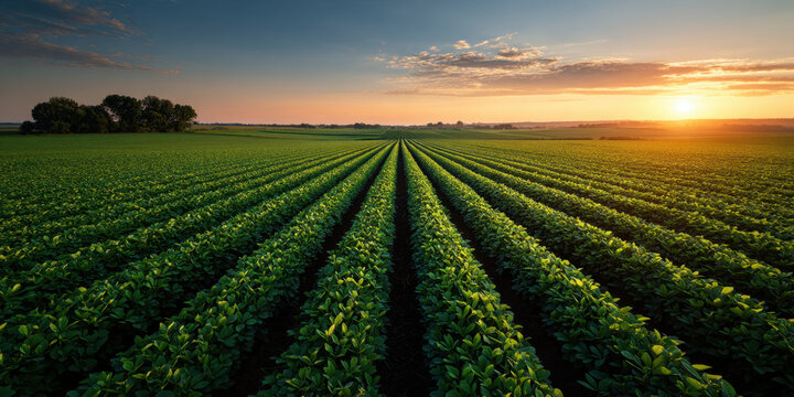 Aerial view soybean field sunrise green crop rows agricultural landscape
