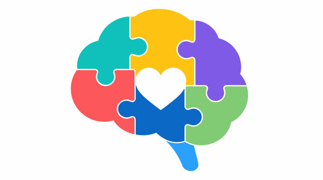 Colorful puzzle brain with heart center symbol.