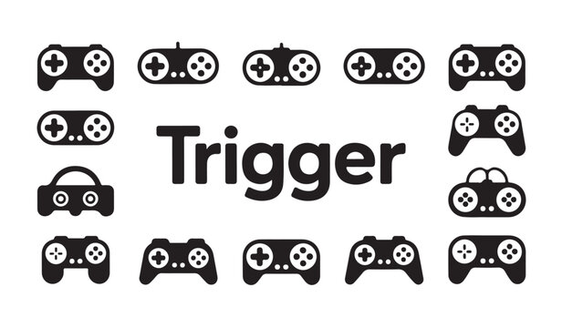 Gamepad collection in silhouette style for gaming interface and digital trigger icon design.
