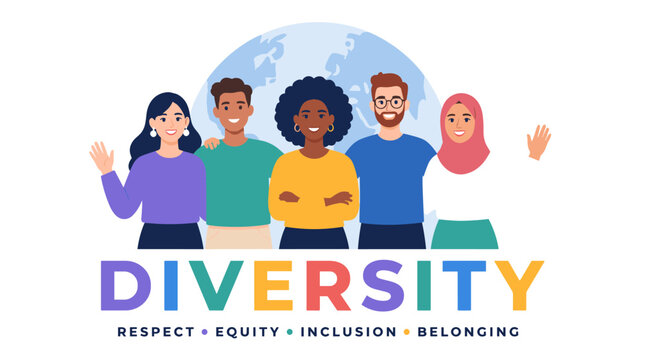 Diverse group of people standing together smiling.