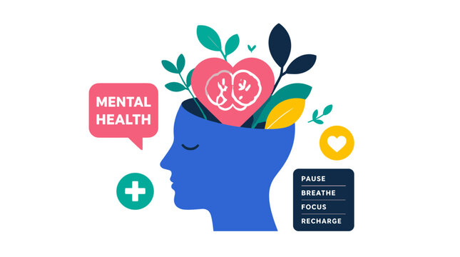 Mental health awareness head illustration with symbols.