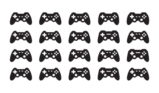 Seamless pattern of many black game controllers on gray checkered background.