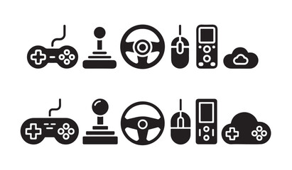Gaming peripherals set with gamepad joystick steering wheel mouse remote and cloud game icons. © MD.RAHIM
