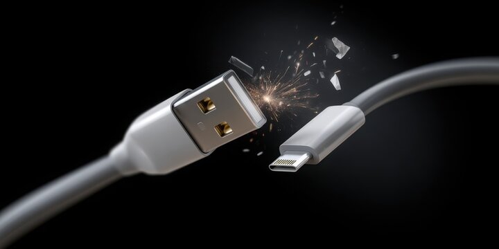 Bent USB charging cable with sparks near smartphone on dark background, electrical safety and repair concept