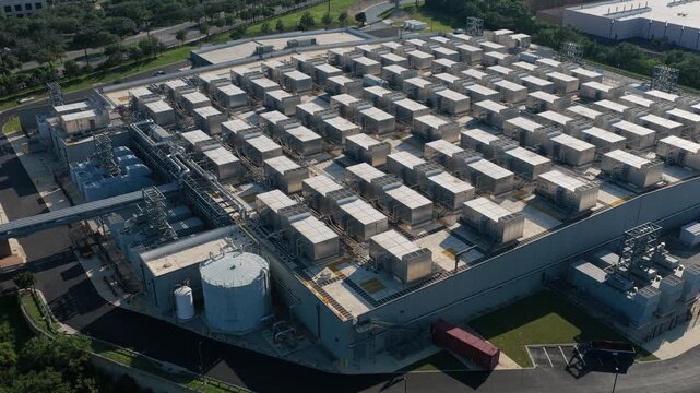 Aerial Reveal of Large Data Center Rooftop Infrastructure. San Antonio Texas
