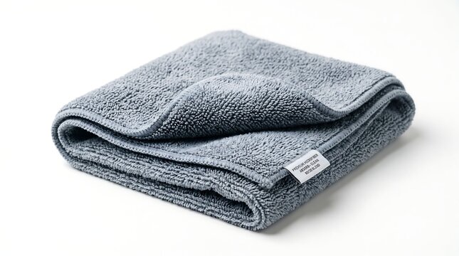 Folded grey microfiber cleaning cloth on white background.