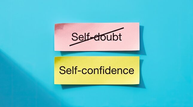 Self-doubt and self-confidence concept with sticky notes on bright background