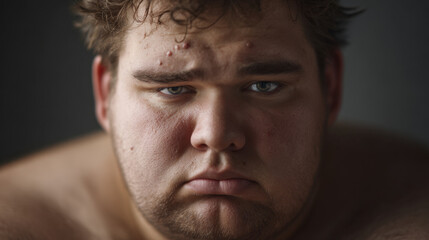 Naklejka premium Portrait face man adult acne skin closeup overweight serious expression pimple cheek forehead eye nose mouth chin beard hair sad depressed male young indoors studio dark soft light head shoulder