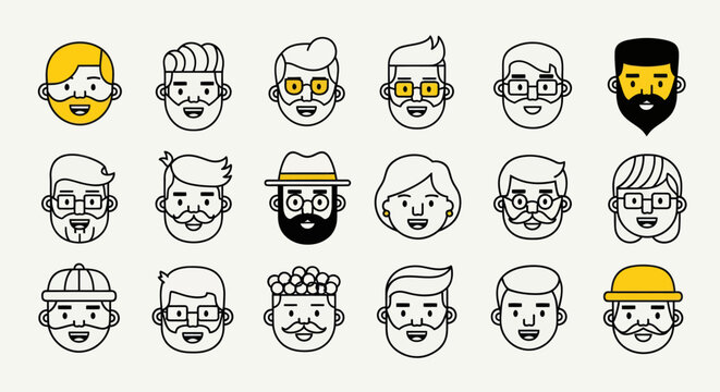 Diverse illustrated faces set