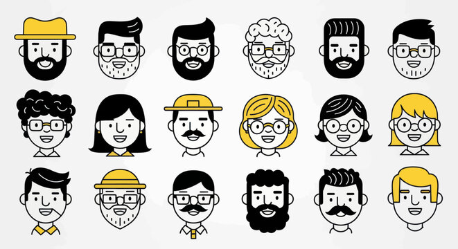 Diverse illustrated faces set