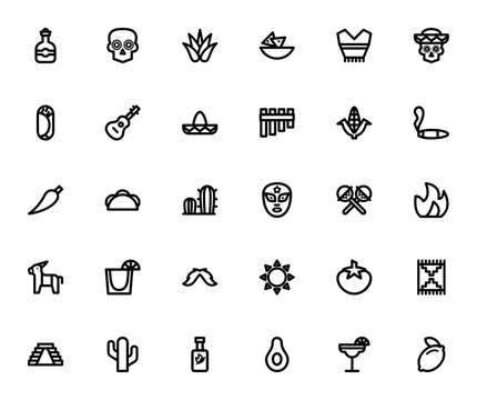 Mexican elements lineal icon set. Mexico culture vector icons pack. Featuring Tequila, Skull, Agave, Tortilla, Poncho, Nacho, Guitar, Hat, Panpipes, Corn, Chili, Taco, Cactus, Mask, Maracas, Pinata, M