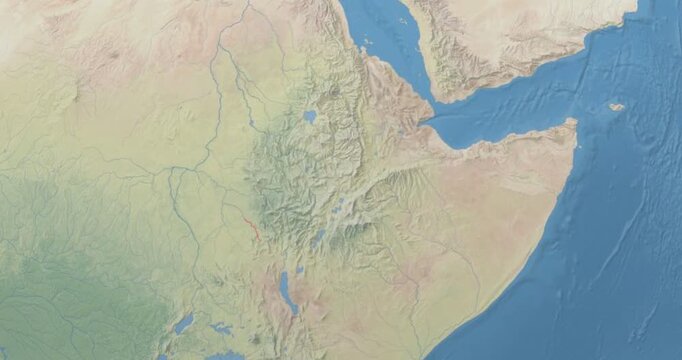 Ethiopia on Globe. Zoom into the country with Earth spinning on dark background. Physical world map with Ethiopia and label on it. Country view animation.