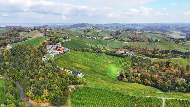 Aerial view of Sudsteiermark vineyards and rolling hills with autumn forests and houses in Gamlitz, Styria, Austria.