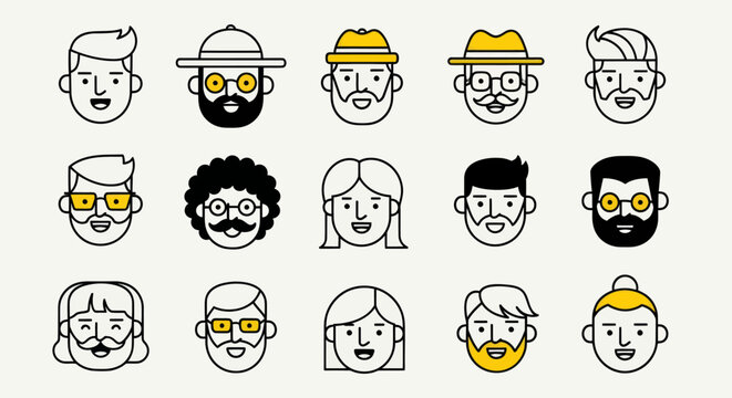 Diverse illustrated faces set