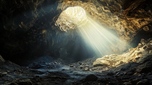 Sun streams into a dark cave, illuminating the rocky floor with beams of light