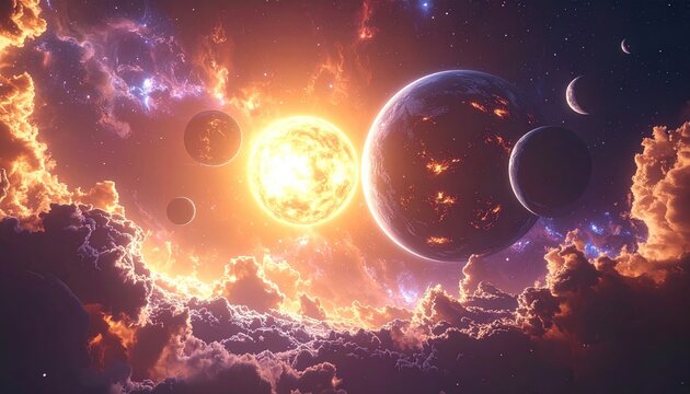 Celestial panorama of planets, sun, and nebulous cosmic clouds