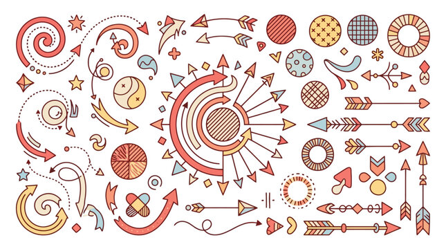 Collection of hand drawn boho style arrows circles and decorative design elements in sketch vector format. EPS Editable