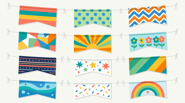 Colorful patterned bunting flags vector illustration set hanging on strings for party decoration. EPS Editable