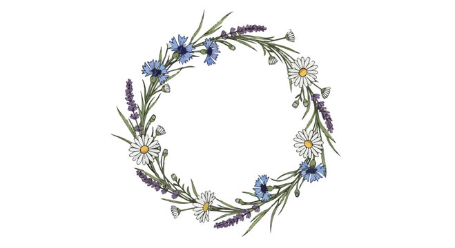Wildflower wreath vector illustration, rustic floral frame with lavender and daisies, botanical circular border for wedding invitations and greeting cards