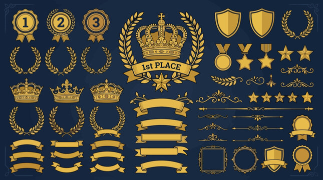 Golden award design elements set with laurel wreaths crowns ribbons and medals on dark background. EPS Editable