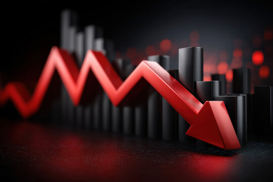 Falling stock market chart with red downward arrow and dark bar graph, symbol of financial decline and recession