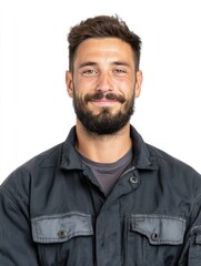 Fototapeta premium Portrait of smiling man with beard and short hair wearing casual dark jacket isolated on white background, looking at camera with friendly expression and relaxed posture.
