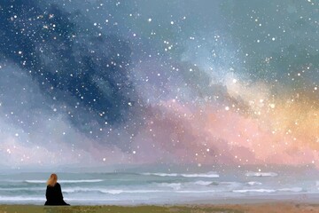 Fototapeta premium Spiritual Journey And Inner Peace Woman Meditating By Ocean Under Starry Night Sky Watercolor Painting Style