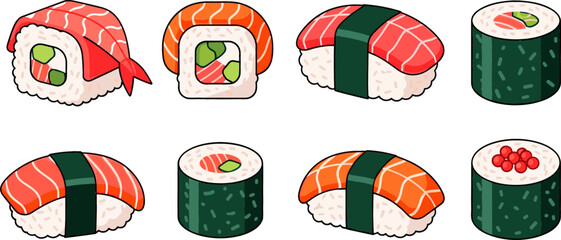 Japanese Sushi and Maki Roll Cartoon Vector Set with Tuna Salmon Nigiri and Caviar Icons for Restaurant Menu and Asian Food Graphic Designs © monoara