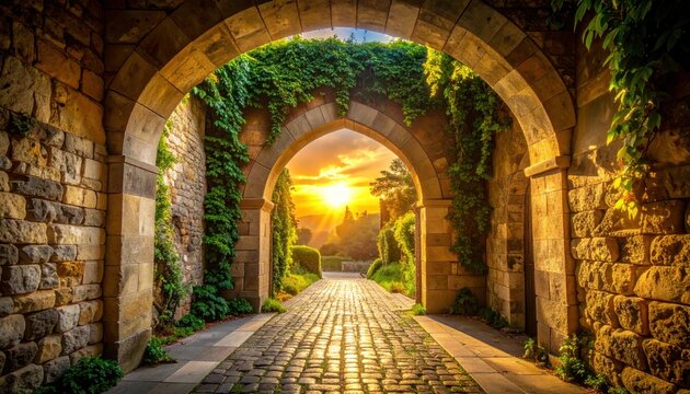 Arched stone passage leads to sunrise. Green vines frame the opening