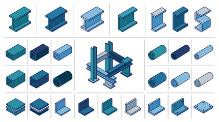 Naklejka premium Isometric vector set of steel construction beams girders pipes and structural metal elements for industrial building design. EPS Editable
