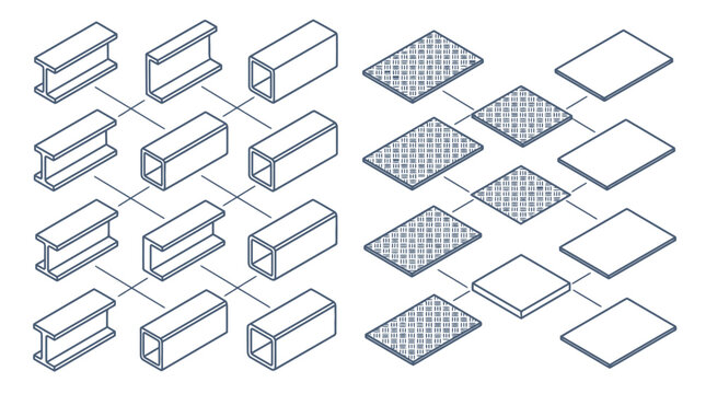 Isometric vector illustration of structural steel profiles and metal sheets for construction and engineering design. EPS Editable