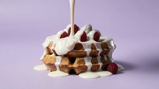 Chocolate syrup pouring over two stacked Belgian waffles with fresh strawberries, mint leaves, banana, blackberry, kiwi, cherry, and nuts on top