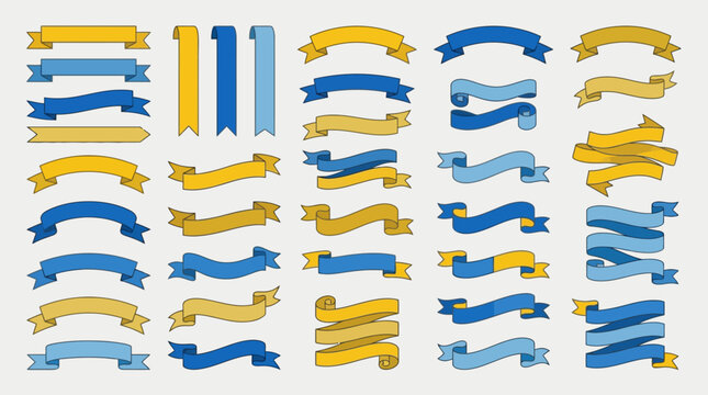 Large collection of blue and yellow vector ribbon banners and scrolls for graphic design decoration. EPS Editable