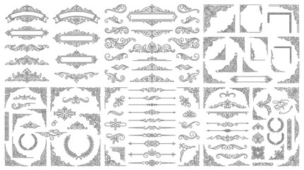 Fototapeta premium Mega collection of vintage decorative borders frames corners dividers and ornate design elements. EPS Editable