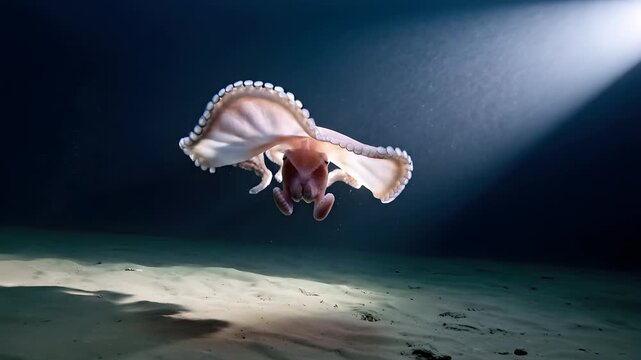 Graceful flapjack octopus swimming underwater with umbrella shaped webbed arms illuminated by a beam of light over a sandy ocean floor