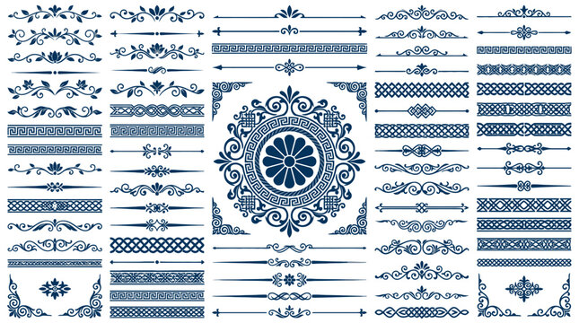 Large collection of vintage ornamental dividers borders corners and decorative design elements in classic style. EPS Editable