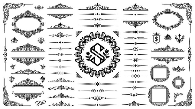 Large collection of vintage decorative borders frames dividers and calligraphic ornaments in classic victorian style. EPS Editable