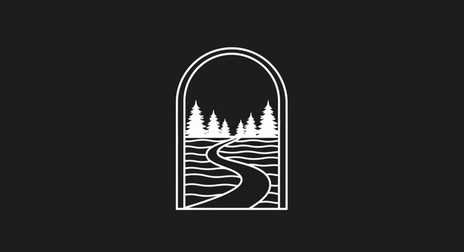 Clean minimalist outdoor logo design depicting a winding path through evergreen trees, framed by an elegant archway, representing nature, adventure, and tranquility