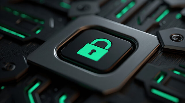 Secure digital vault with transparent layers and encrypted data protection, glowing lock symbol on dark cyber security interface