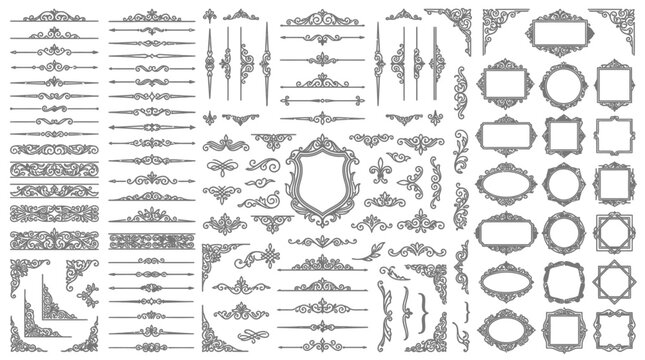 Mega collection of vintage ornamental design elements frames borders dividers and corners. EPS Editable