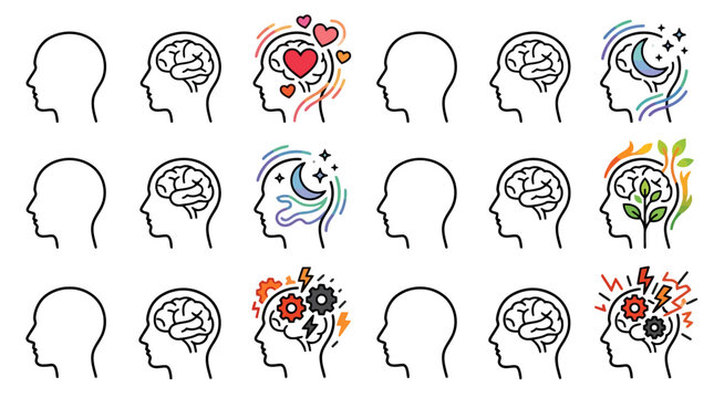 Mental health and psychology concept icons showing different brain states and human emotions in profile. EPS Editable