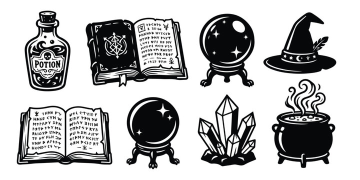 Collection of magical icons including potion bottle, spellbook, crystal ball, witch hat, and mystical symbols for fantasy designs