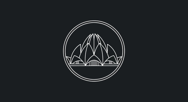 Stylish minimalist emblem showcasing a unique modern architectural edifice with a distinctive, petal-inspired silhouette, framed perfectly in a clean circular design