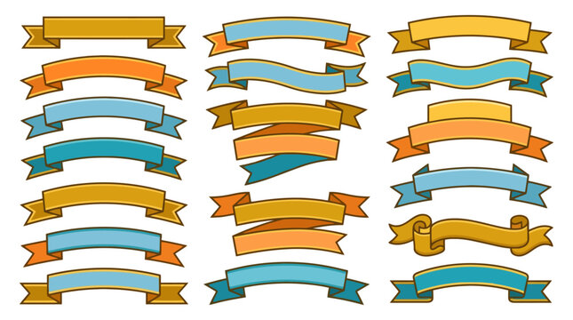 Set of colorful hand drawn ribbon banners and scrolls for graphic design elements. EPS Editable