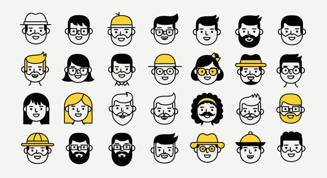 Diverse illustrated faces set