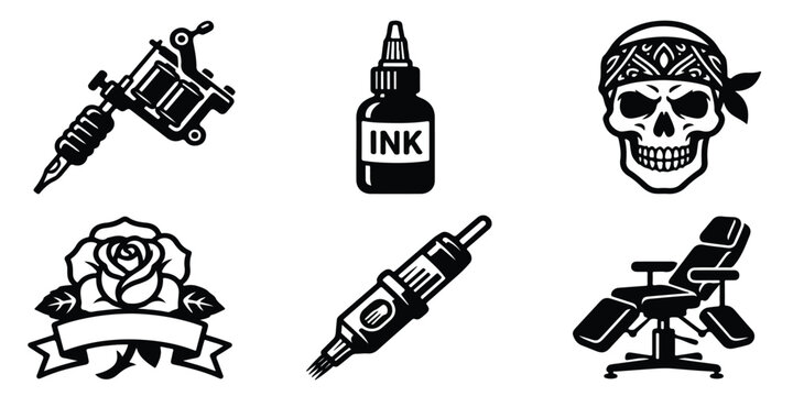 Tattoo studio icon set with tattoo machine, ink bottle, skull, rose, and tattoo chair