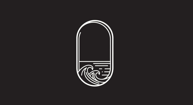 Minimalist oval logo featuring a stylized seascape with waves and a horizon line, suitable for a brand focused on nature or adventure