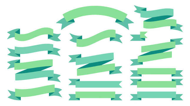 Set of green ribbon banners and scrolls vector illustration isolated on white background. EPS Editable